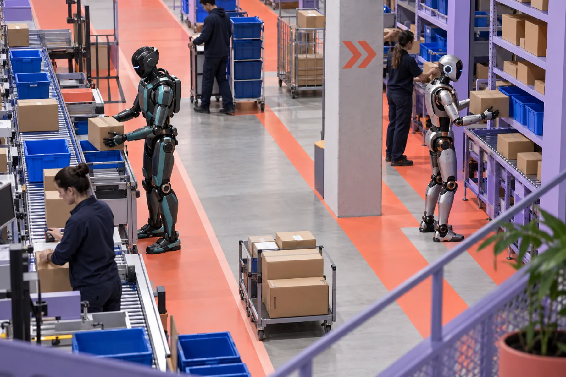 Overhead view of a logistics floor with a humanoid at a picking station (visual concept)