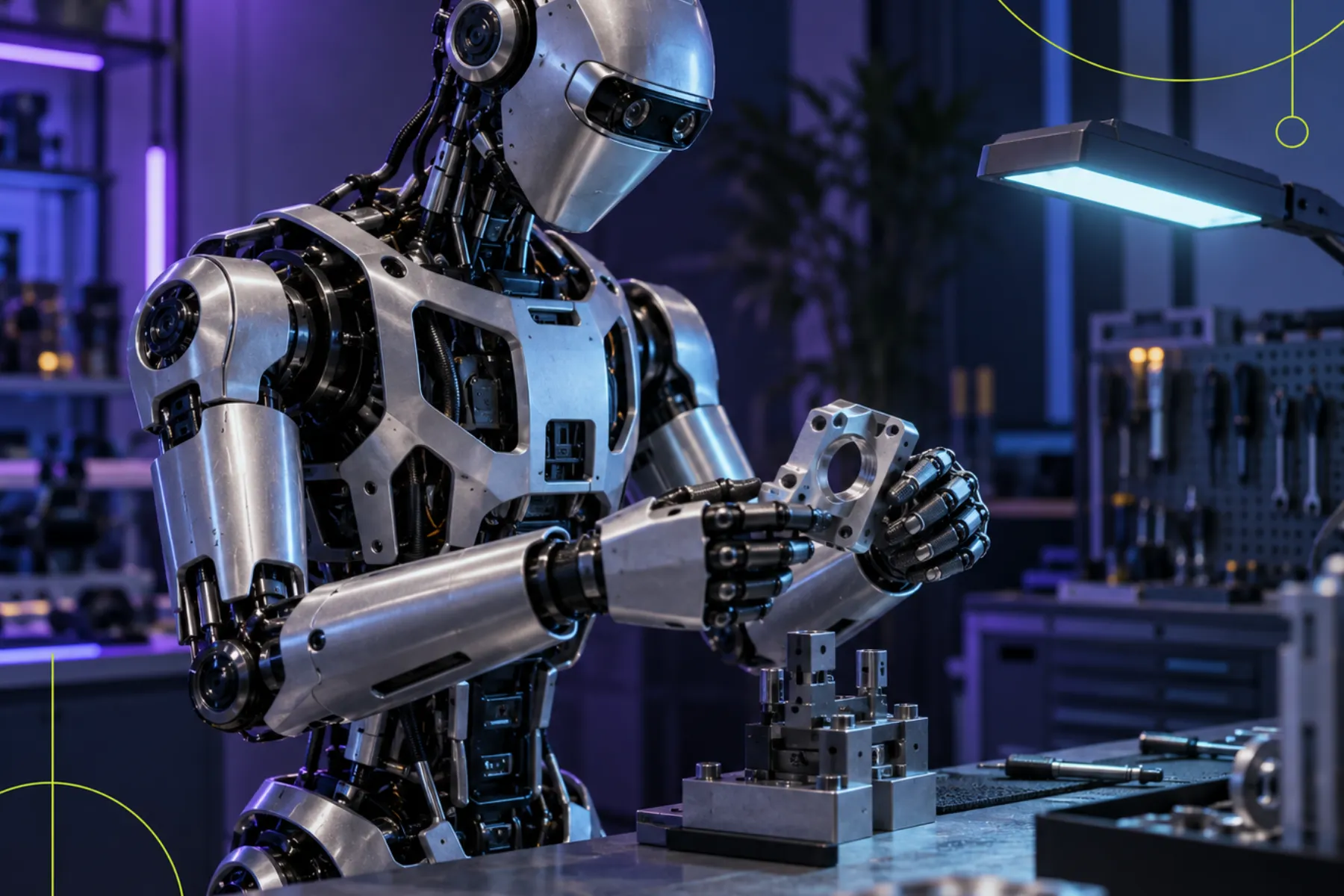 Humanoid at a quality-control bench (visual concept)