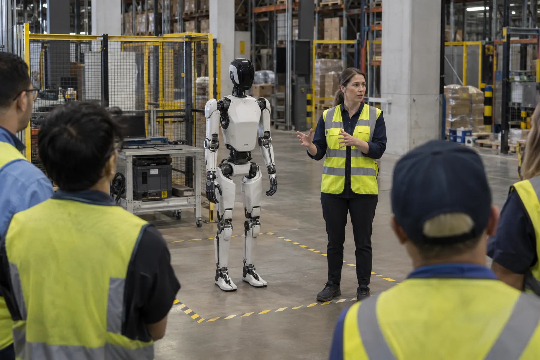 Briefing of plant staff next to a humanoid before a pilot (visual concept)