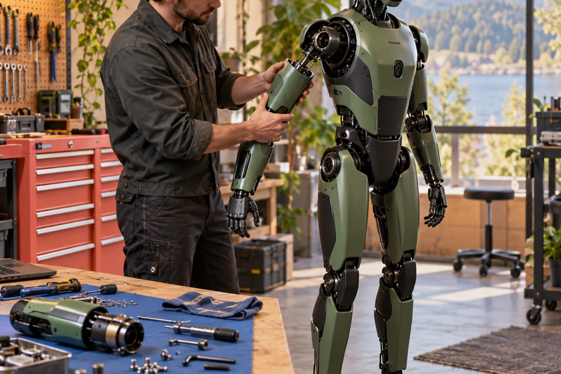 Technician servicing a humanoid at a workbench (visual concept)