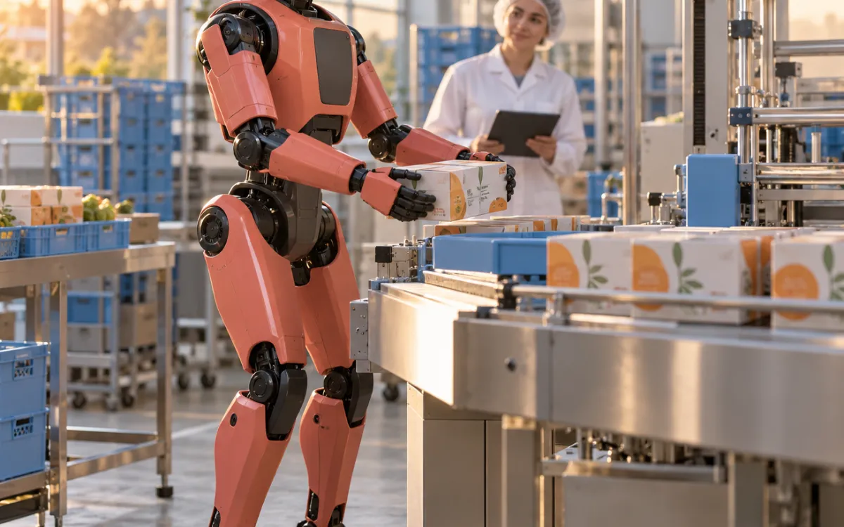 Autonomous cart beside crates on a food packing line