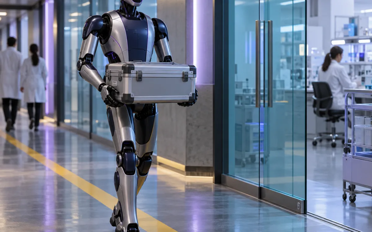 Mobile robot following a marked route across a clean warehouse floor