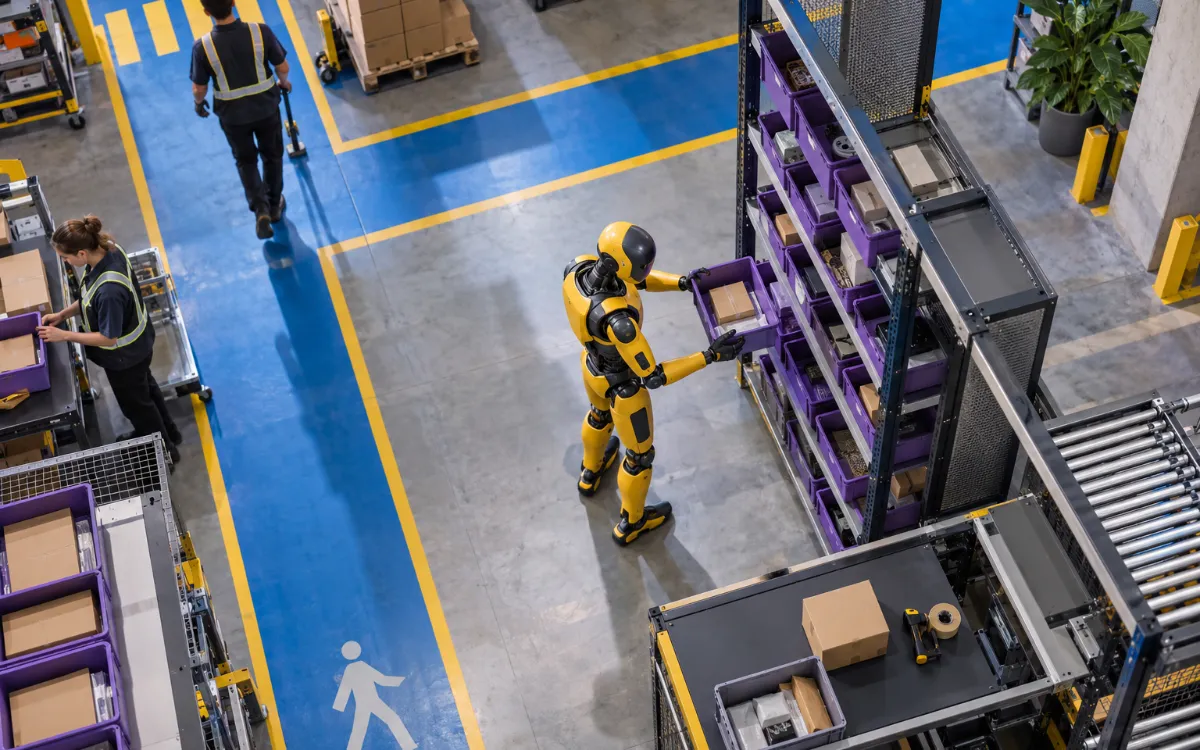 Autonomous mobile robot carrying a tote along a warehouse aisle